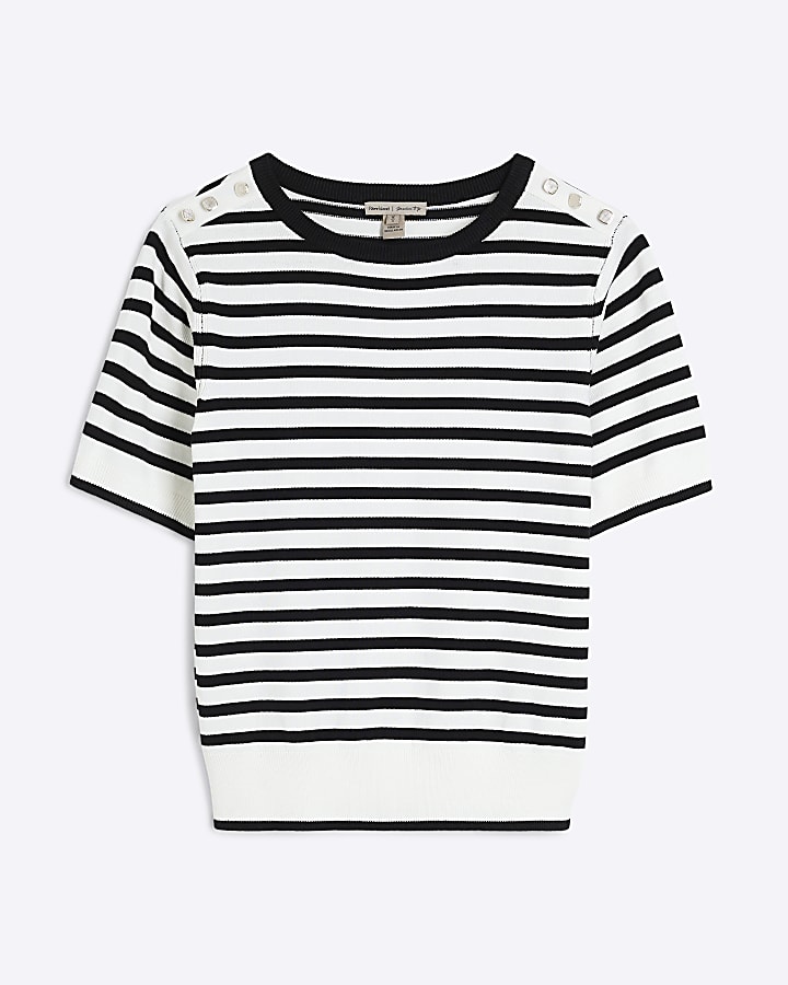 Black Striped Short Sleeve Button Knit Top