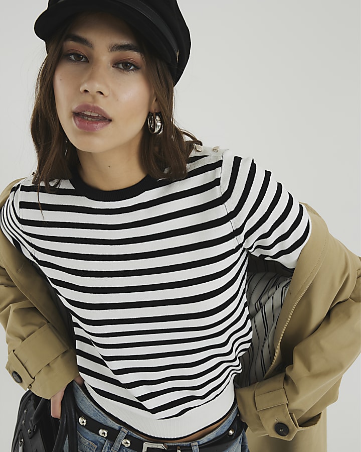 Black Striped Short Sleeve Button Knit Top