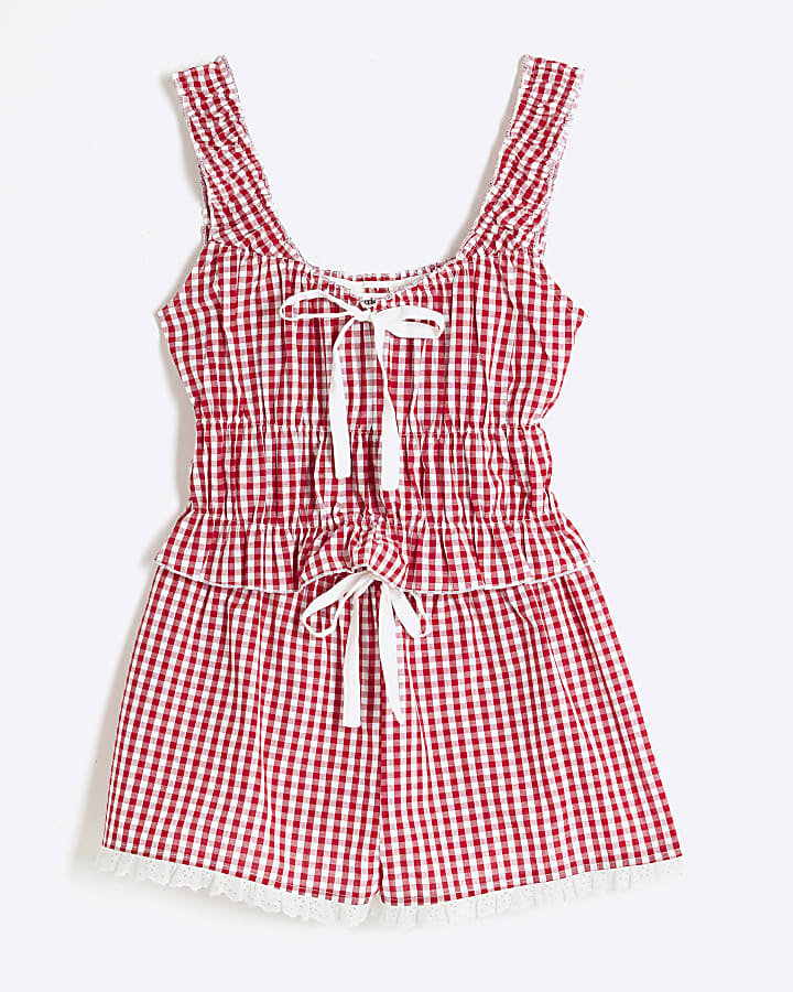 Red Gingham Loungewear Top & Shorts Set