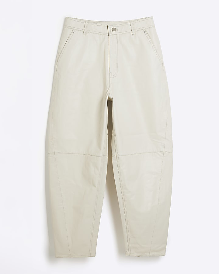 Cream premium Leather Barrel Trousers