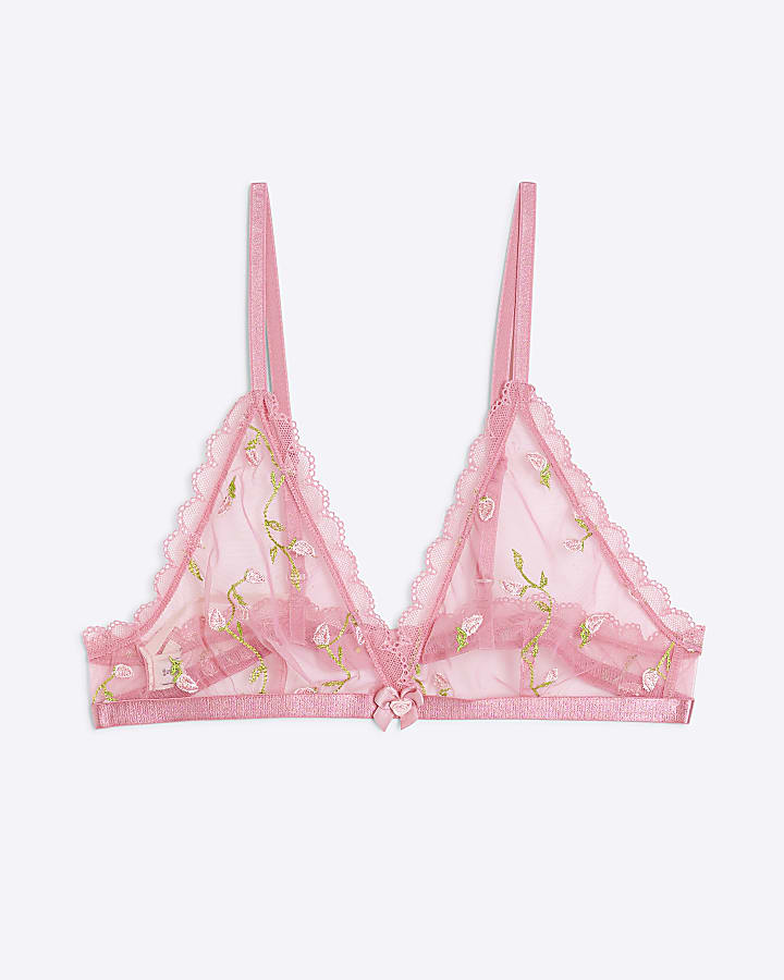 Pink Embroidered Floral Bra