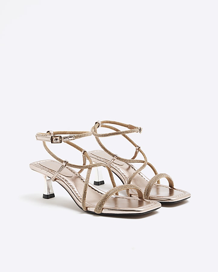 Rose Gold Wide Fit Kitten Heel Strap Sandals