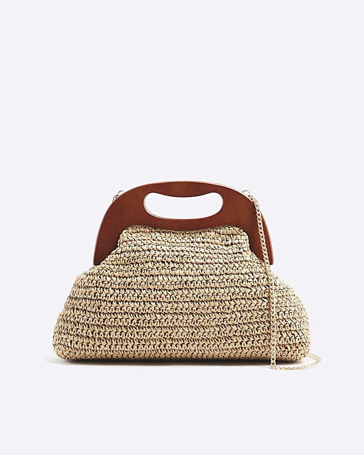 Beige Raffia Frame Clutch Bag