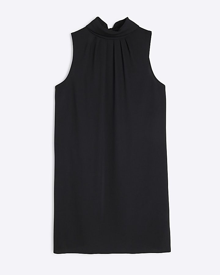 Black Sleeveless Tie Neck Shift Dress