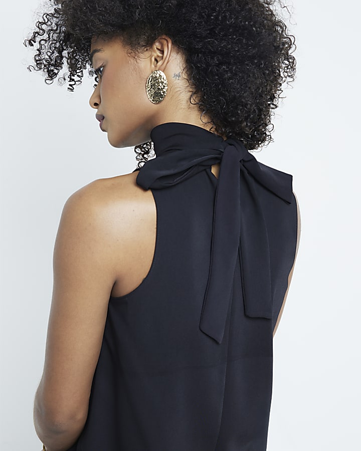 Black Sleeveless Tie Neck Shift Dress