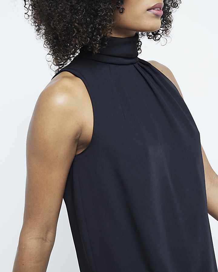 Black Sleeveless Tie Neck Shift Dress