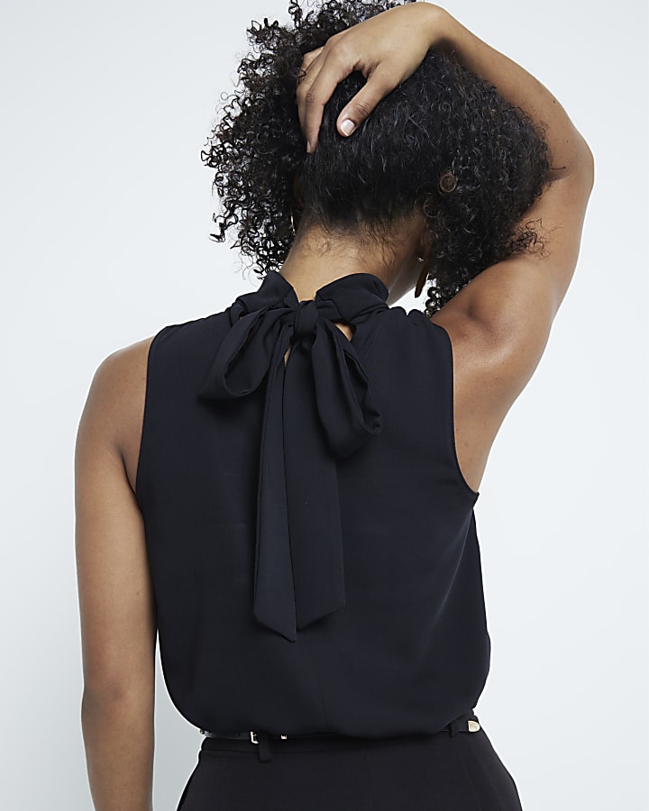 Black Sleeveless Scarf Neck Top