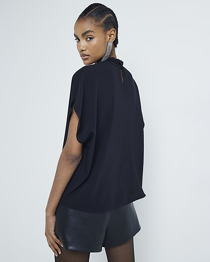 Black Short Sleeve Cape Top
