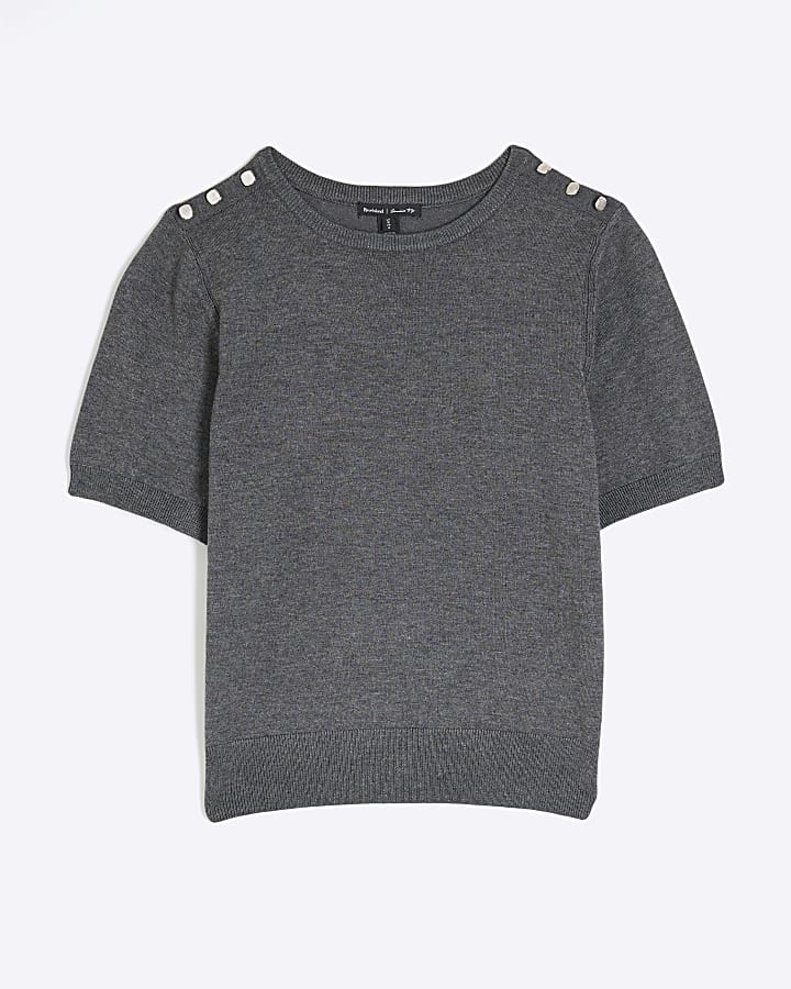 Grey Short Sleeve Button Knit Top