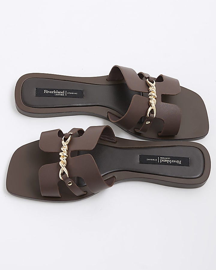 Brown Leather Cut Out Strap Sandals