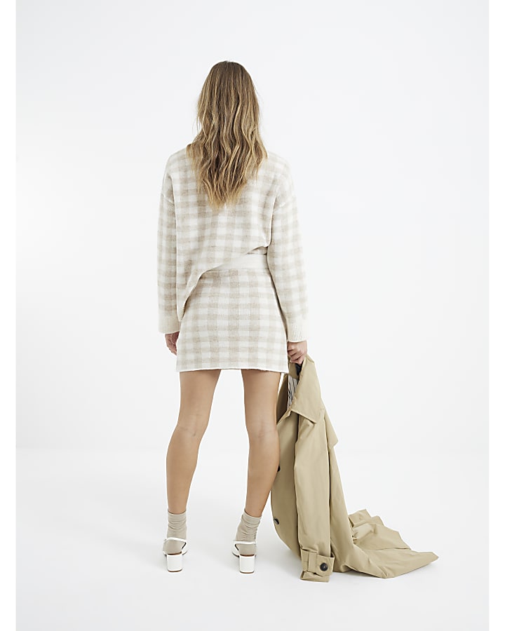 Beige Gingham Knitted Mini Skirt