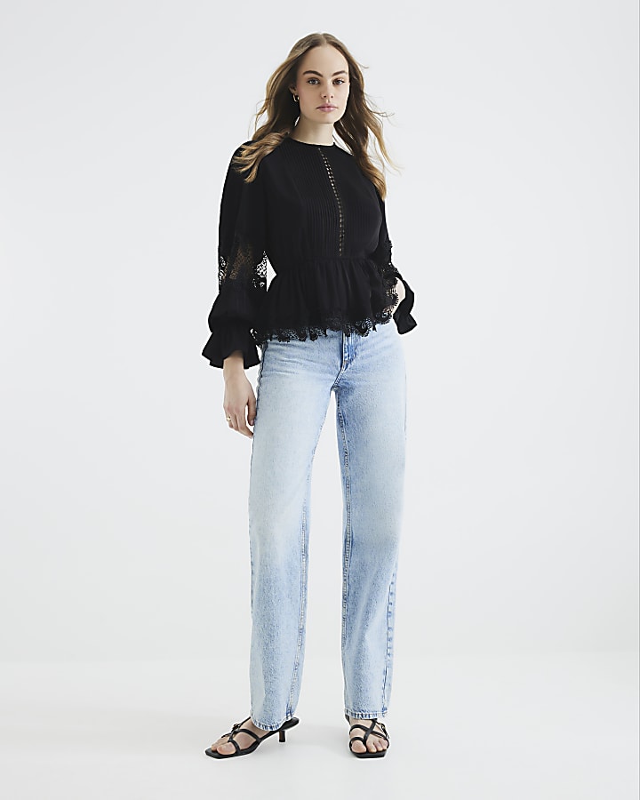 Black Pintuck Detail Peplum Blouse