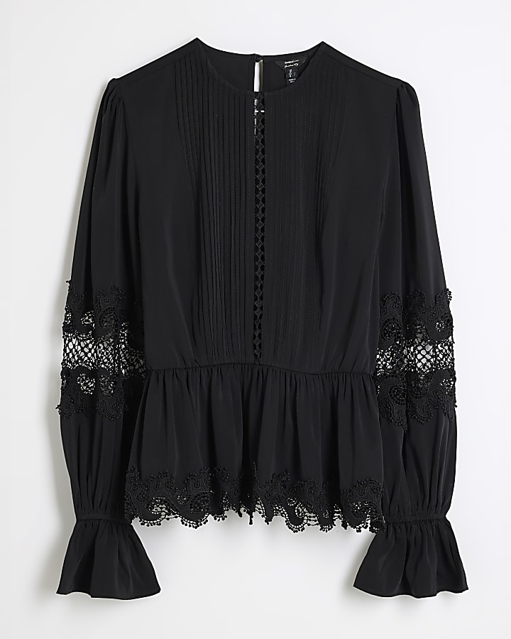 Black Pintuck Detail Peplum Blouse