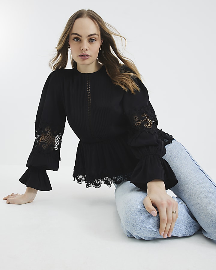 Black Pintuck Detail Peplum Blouse