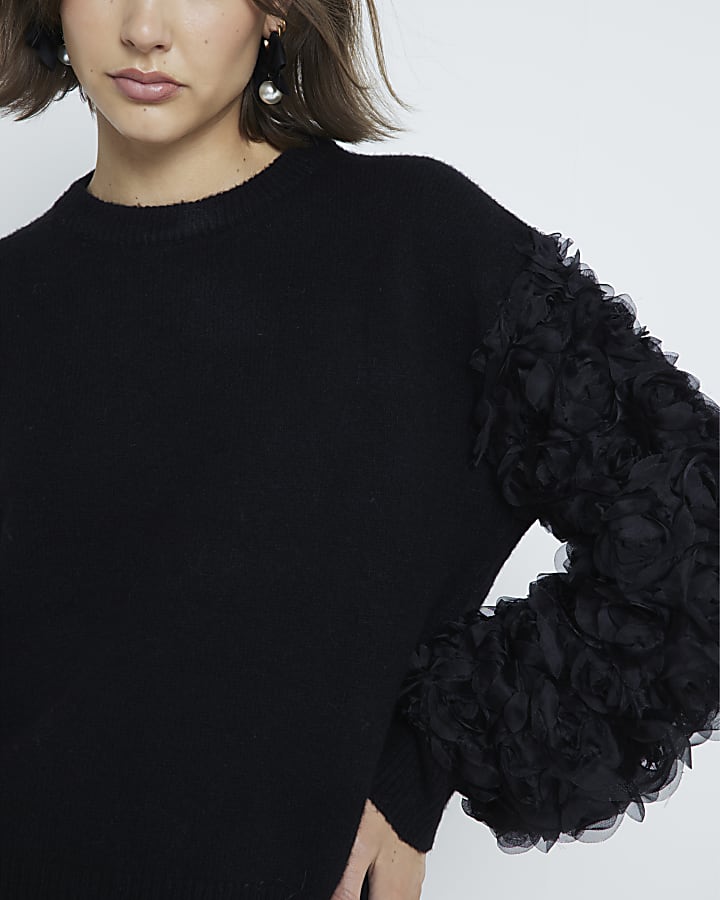 Black Knitted 3D Flower Sleeve Jumper