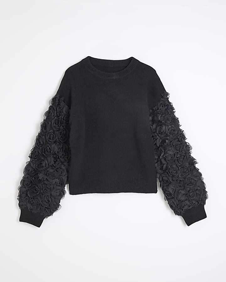 Black Knitted 3D Flower Sleeve Jumper