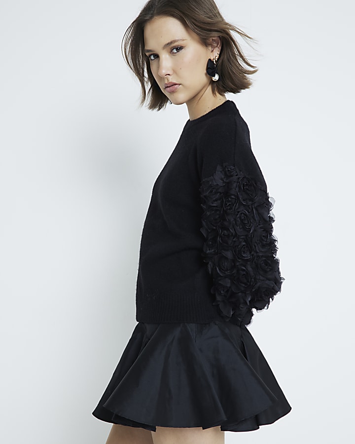 Black Knitted 3D Flower Sleeve Jumper