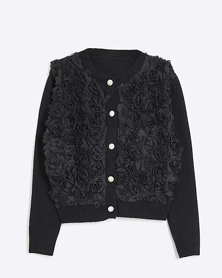 Black 3D Floral Knit Cardigan