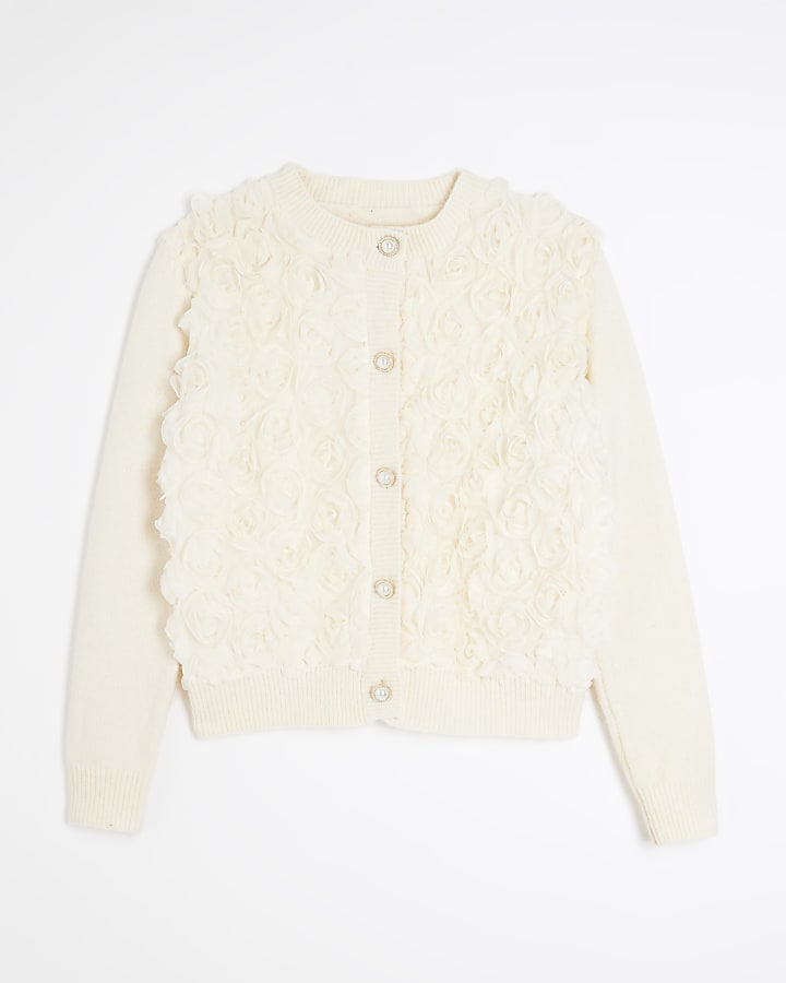 Cream 3D Floral Knit Cardigan