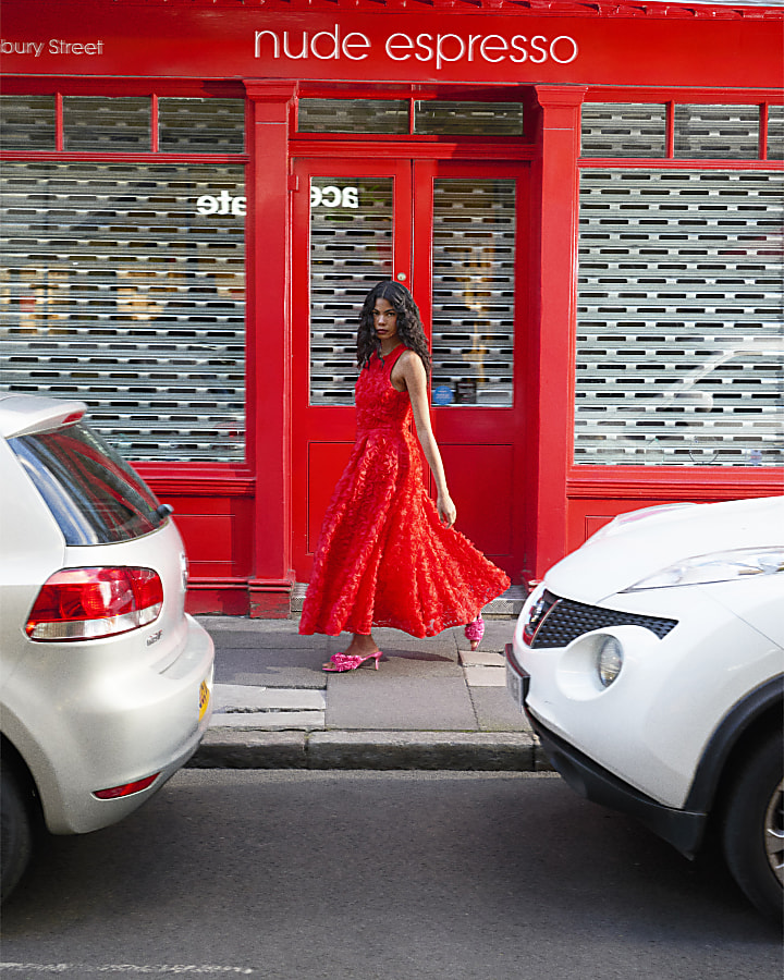 Red 3D Flower Occasion Midi Dress