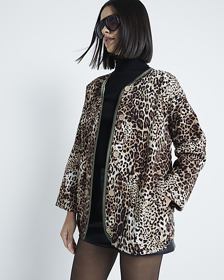 Brown Leopard Print Button Up Jacket