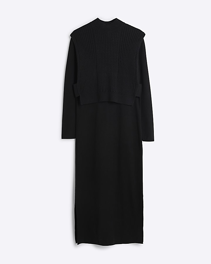 Black Long Sleeved Knitted Midi Dress