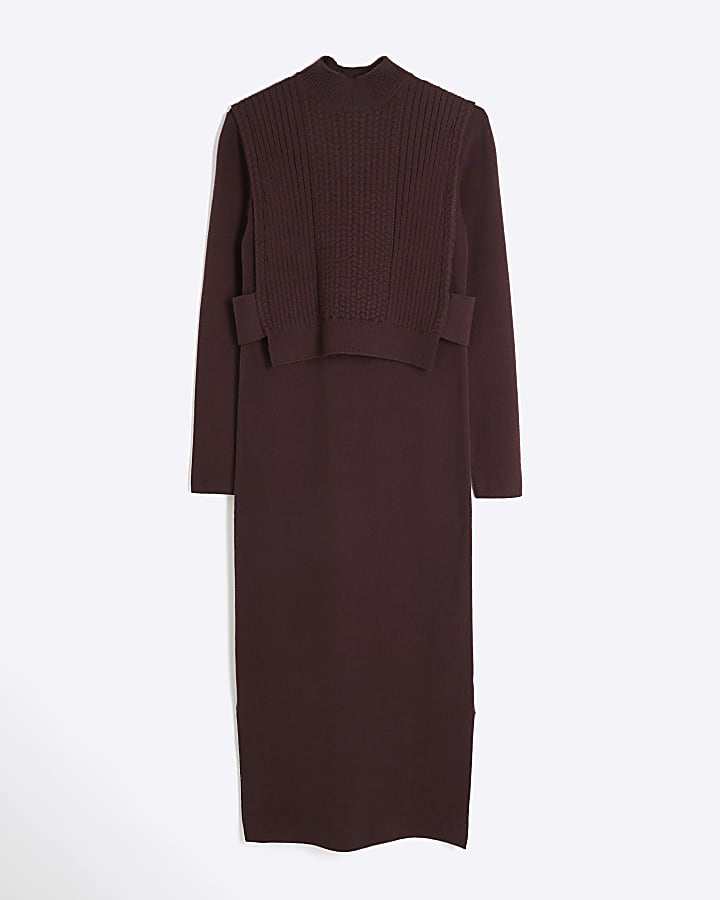 Brown Long Sleeve Maxi Knitted Dress