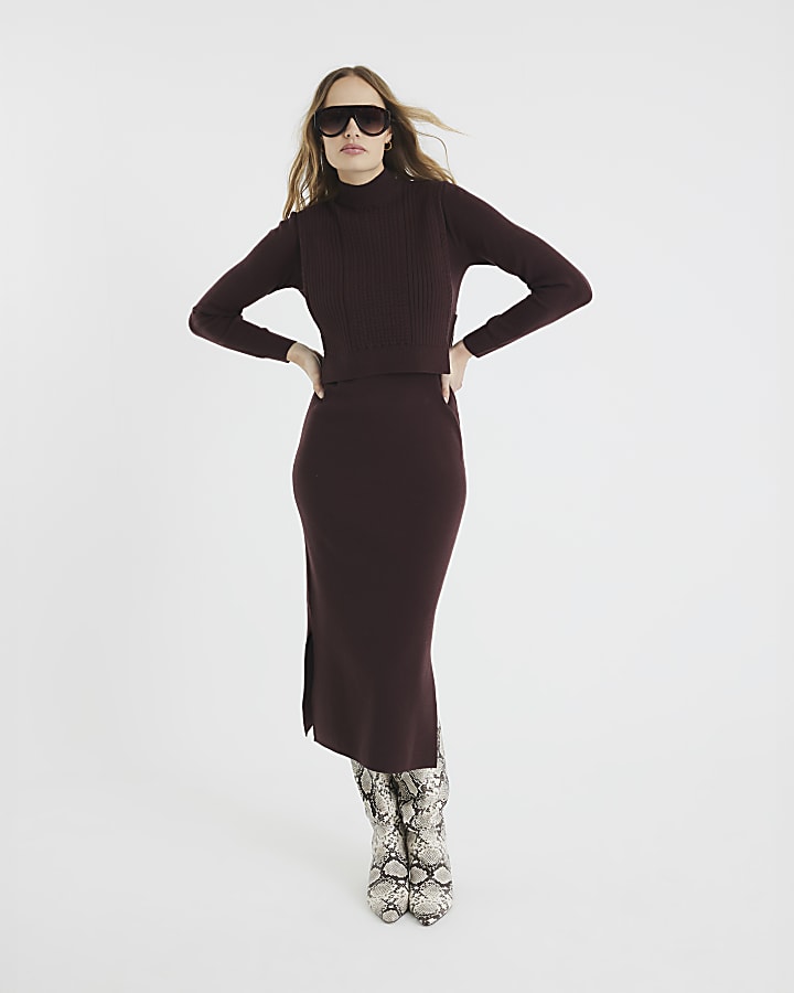 River Island Brown Fringed Jumper Dress – Long Sleeve, Collared, Knee-Length – Size 6-18 – New