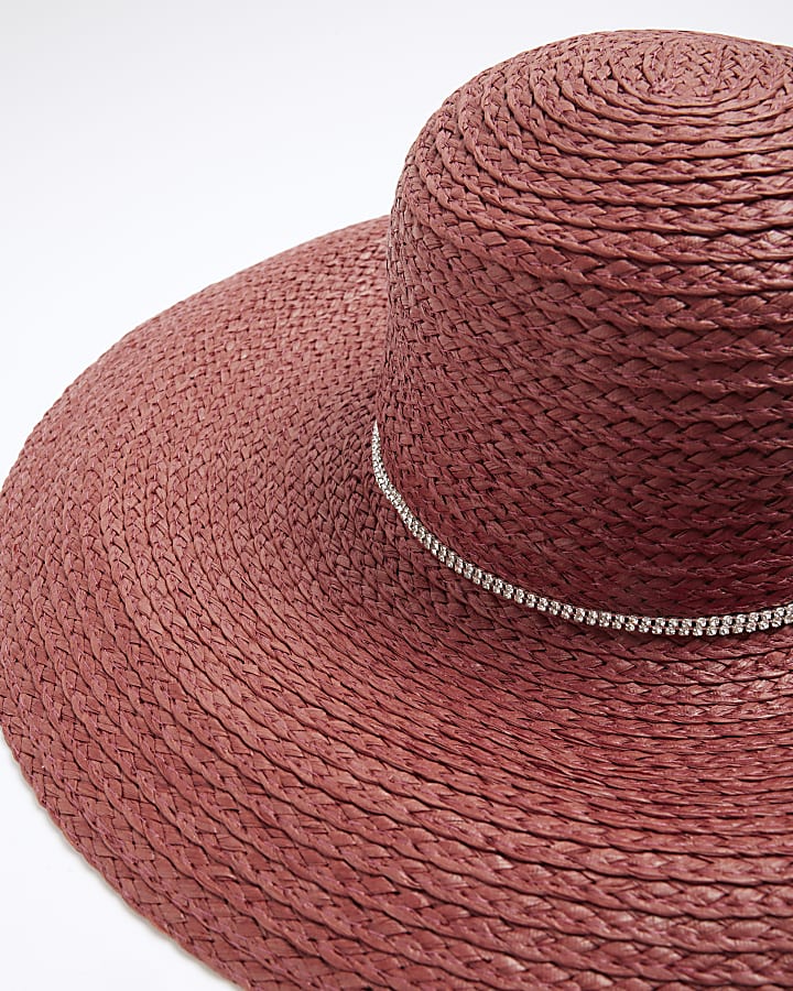 Red Oversized Floppy Diamante Straw Hat