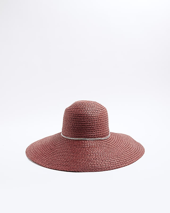 Red Oversized Floppy Diamante Straw Hat