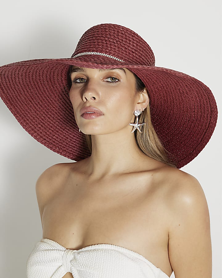 Red Oversized Floppy Diamante Straw Hat