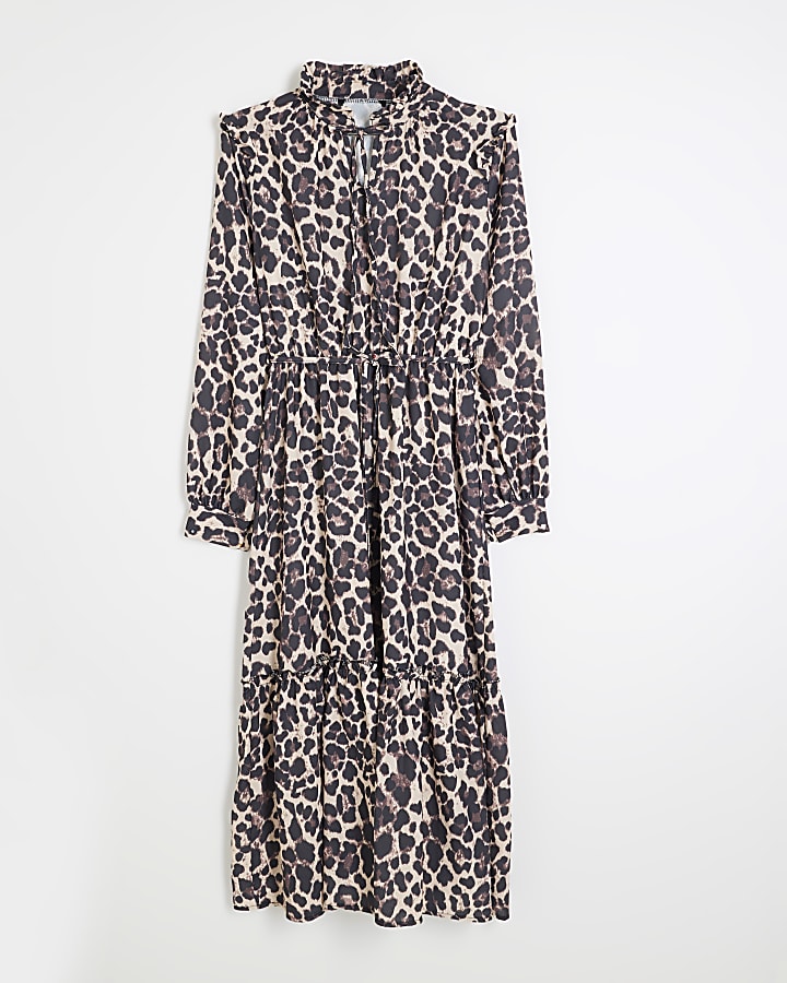 Brown Long Sleeve Leopard Midi Shirt Dress