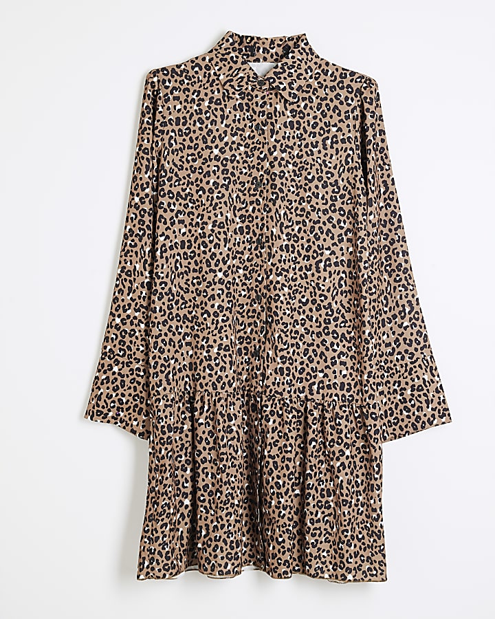 Brown Long Sleeve Leopard Print Shirt Dress