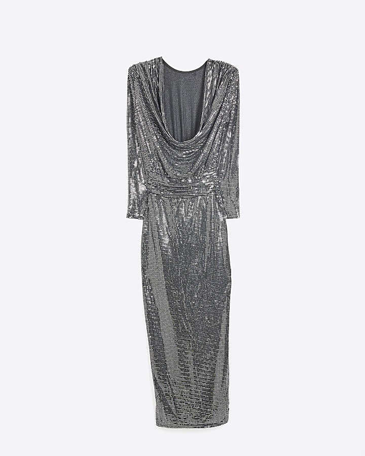 Silver Sequin Long Sleeve Cowl Back Dress