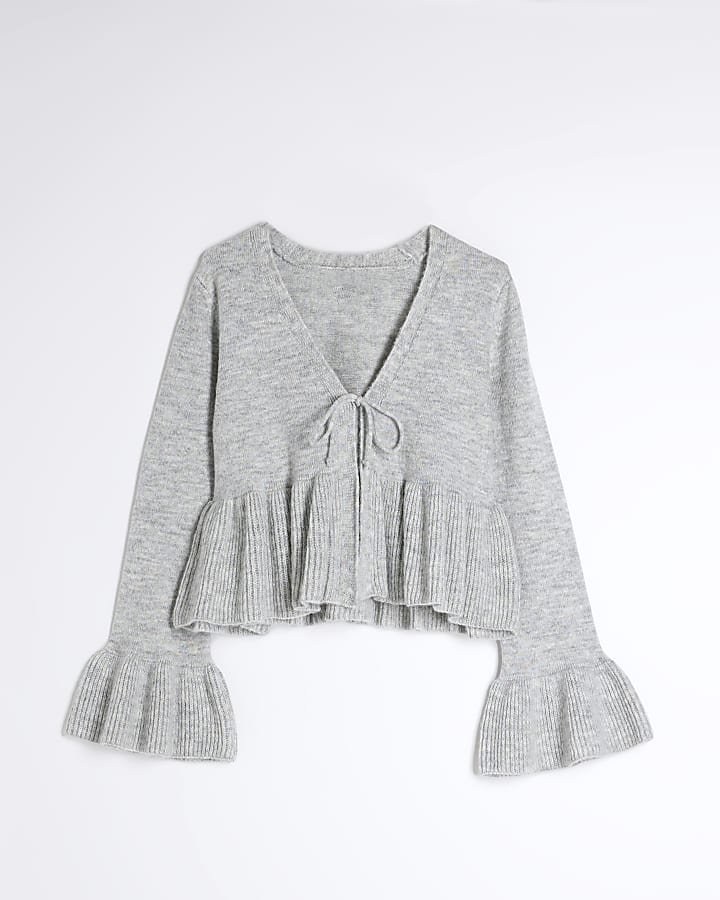 Grey Long Sleeve Tie Frill Cardigan