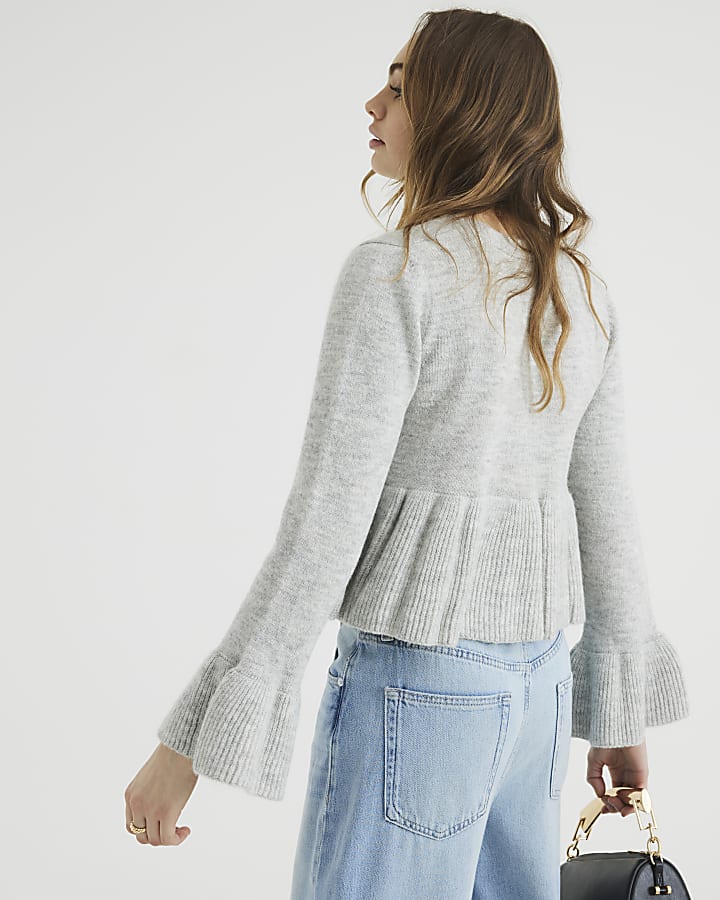 Grey Long Sleeve Tie Frill Cardigan