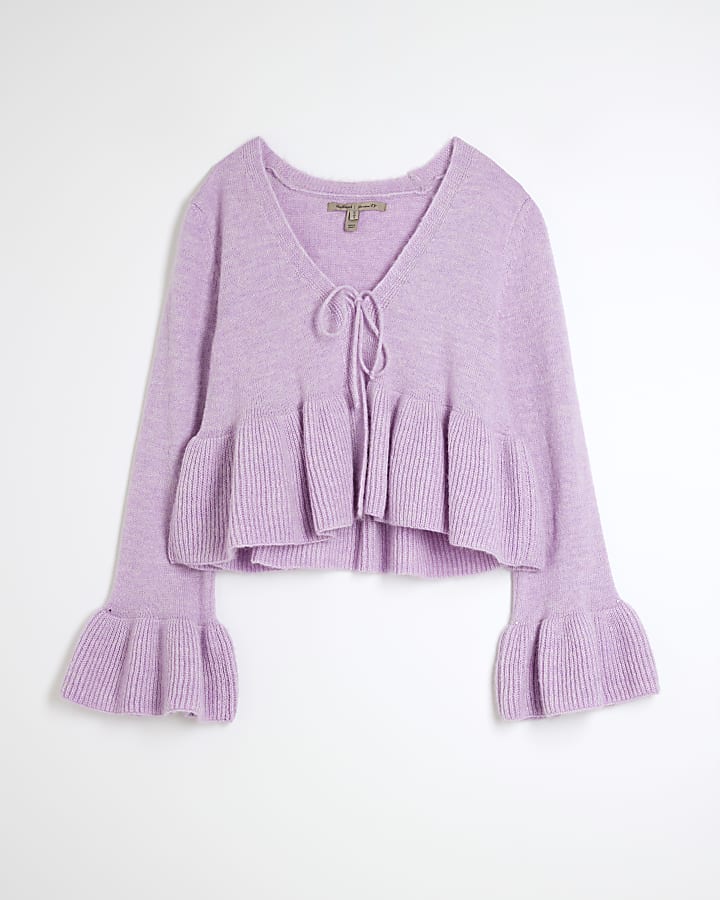 Purple Long Sleeve Tie Frill Cardigan