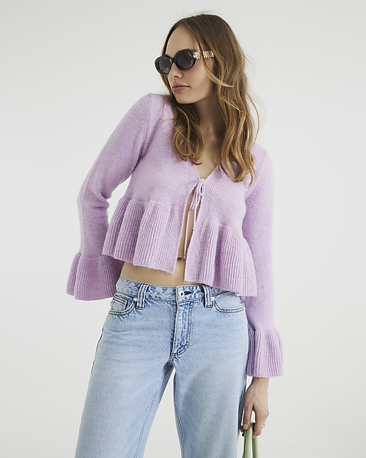 Purple Long Sleeve Tie Frill Cardigan