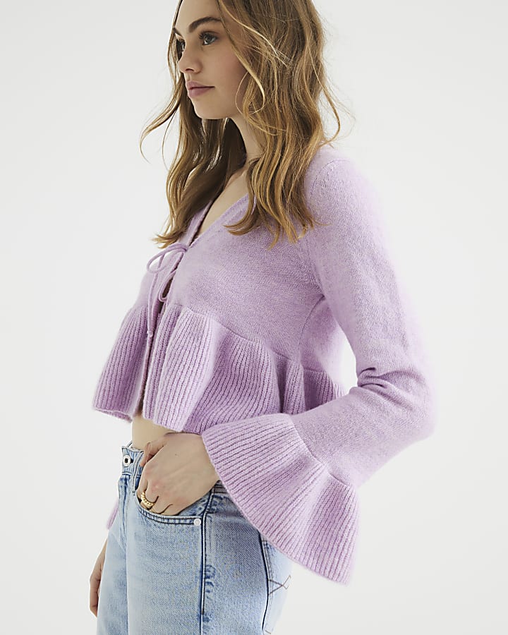 Purple Long Sleeve Tie Frill Cardigan