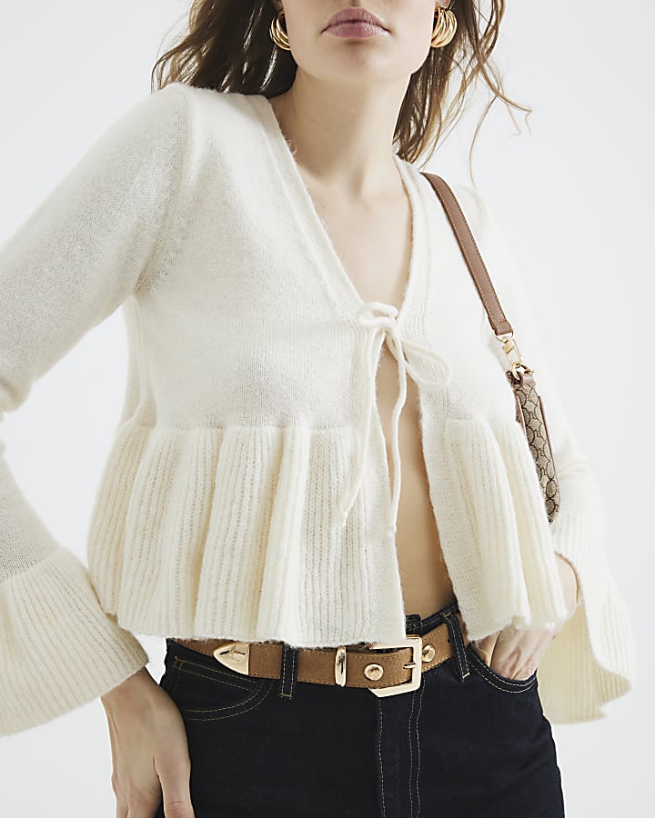 Cream Long Sleeve Tie Frill Cardigan