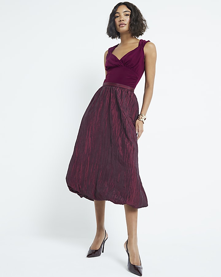 Red Taffeta Bubble Hem Midi Skirt