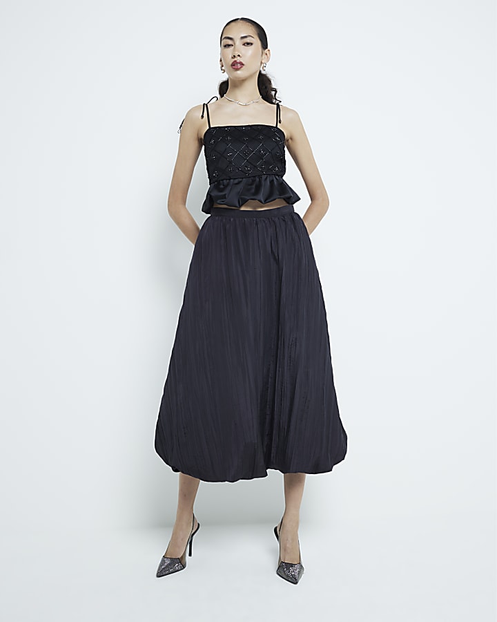 Black Taffeta Bubble Hem Midi Skirt