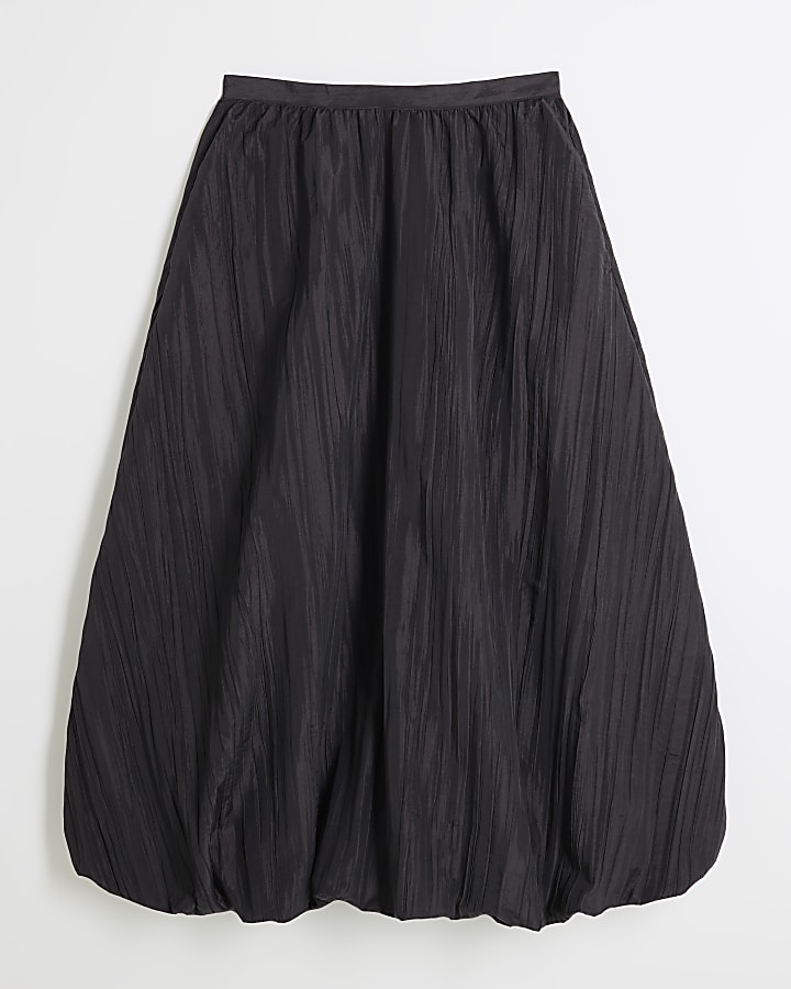 Black Taffeta Bubble Hem Midi Skirt