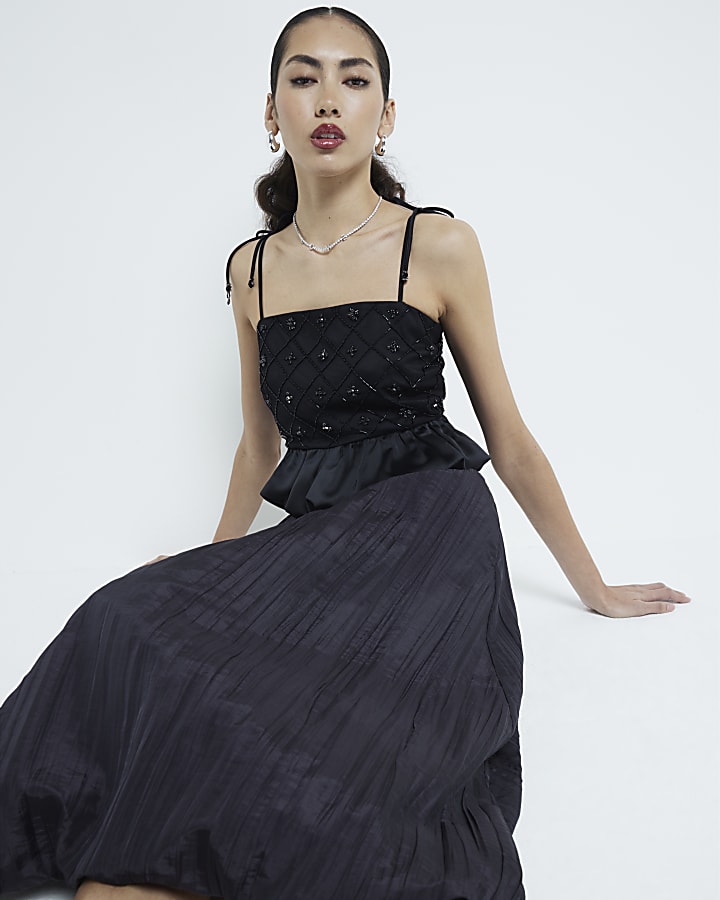 Black Taffeta Bubble Hem Midi Skirt