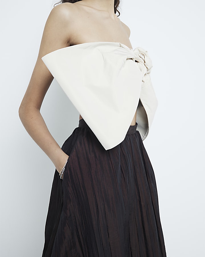 Brown Taffeta Bubble Hem Midi Skirt