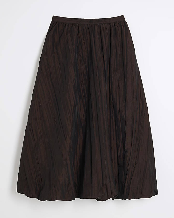 Brown Taffeta Bubble Hem Midi Skirt