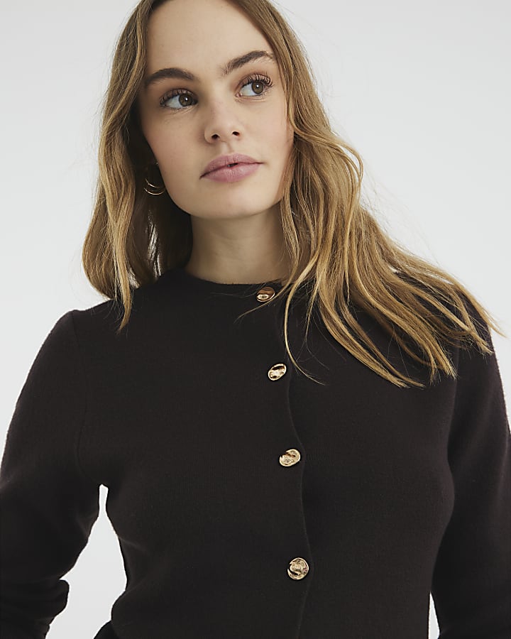 Brown Knit Button Up Top