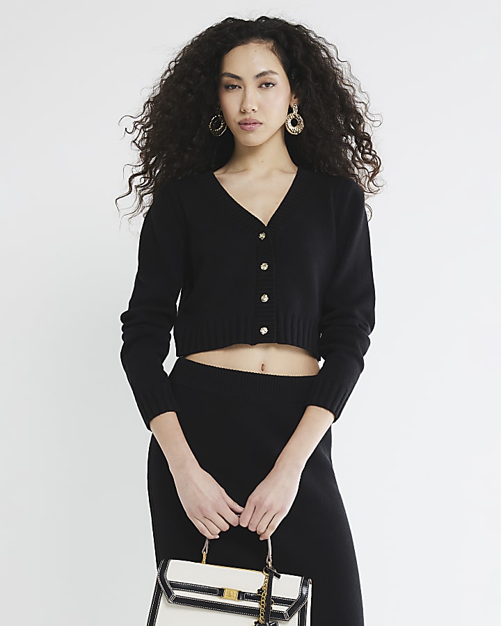 Black Cropped V Neck Cardigan