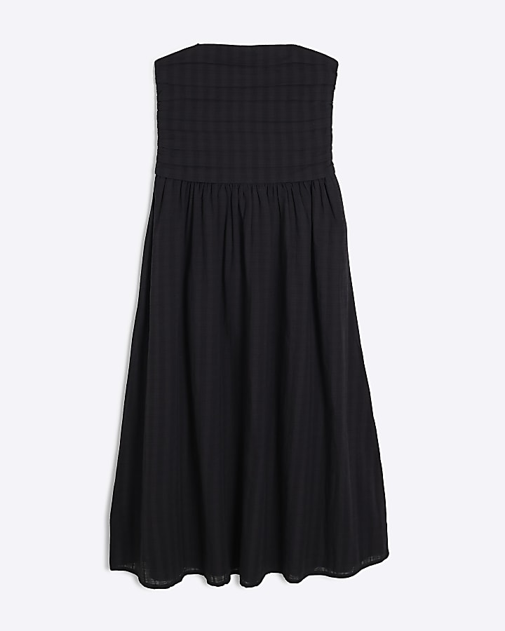 Black Pleated Bandeau Midi Dress