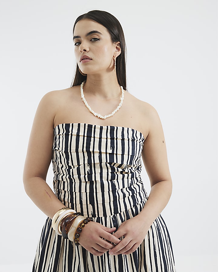 Beige Stripe Pleated Bandeau Midi Dress